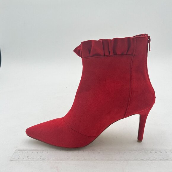 YDN Red Cute Ruffles Ankle Boots Stiletto Heels Pointed Toe Back Zipper Booties - Picture 2 of 8